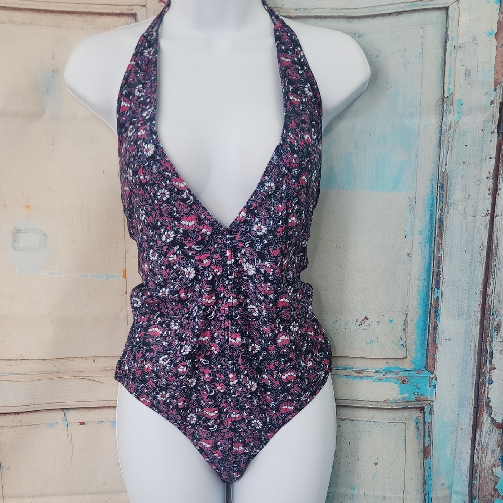 Ulla Johnson One‎ Piece Blue Floral Strappy V Neck Swimsuit